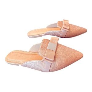 ASOS DESIGN Pink Glitter Bow Mules – Size 4W- Big Girl